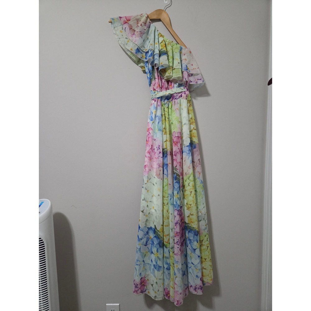 Sunday Up Floral One Shoulder Maxi Dress Ruffle Tiered Watercolor Print Size M
